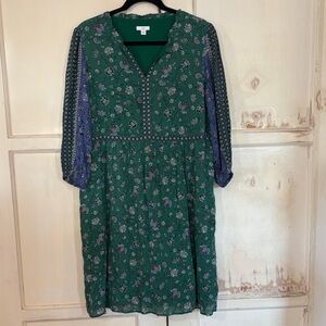 J. Jill Green Floral Dress with Blue Sleeves